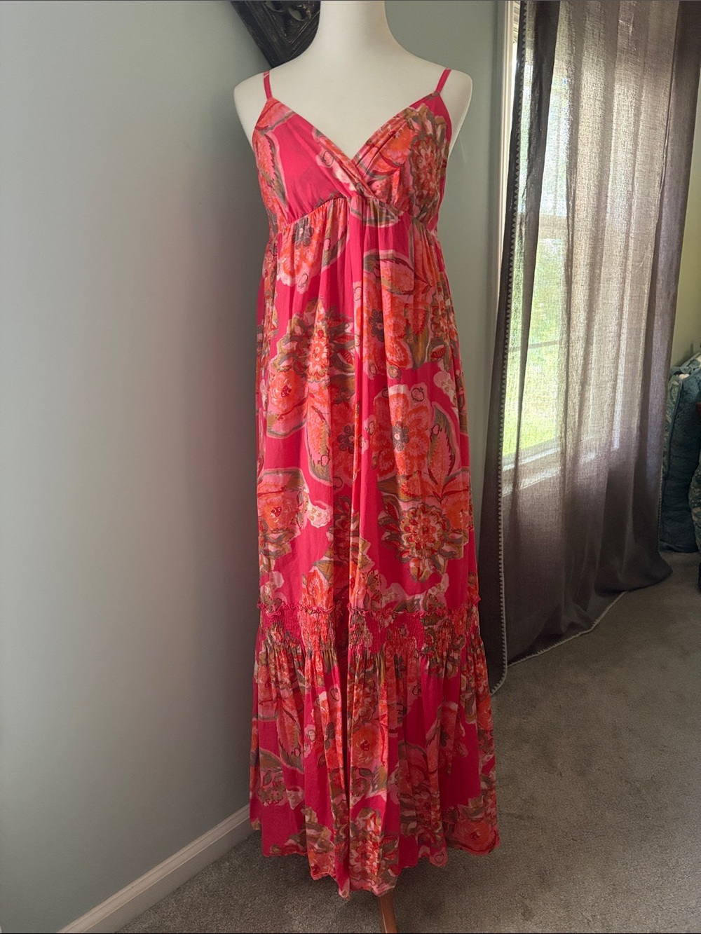 New York & Company Hot Pink Floral Maxi Dress with Spaghetti Straps